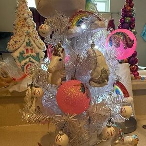 White Unicorn Holiday Tree with Pink Ornaments 24 inch lighted tree decorated